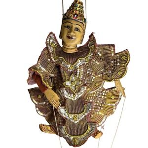 Vintage Handmade Burmese‎ Puppet with Gold & Silver Sequin Embroidery marionette